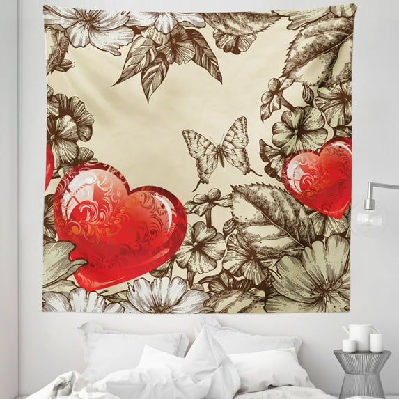 Love Tapestry, Pattern Valentine's Day with Flowers and Butterfly Holiday Love Antiquity Vintage, Fabric Wall Hanging Decor for Bedroom Living Room Dorm, 5 Sizes, Beige Brown Red, by Ambesonne