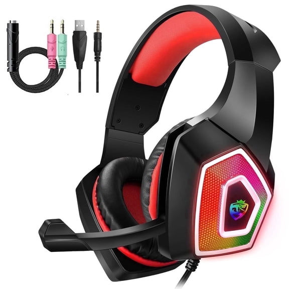 Gaming Headset Wired for PS5 Xbox PC PS4 Switch/Over Ear Gaming Headphones With Surround Sound Mic,LED Light,Soft Memory Earmuffs,3.5MM for Xbox,Red