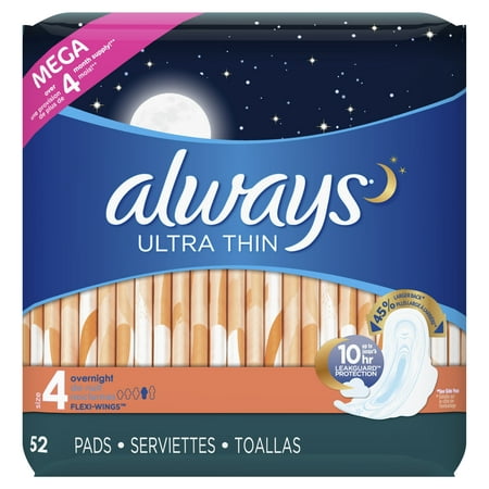 ALWAYS Ultra Thin Size 4 Overnight Pads With Wings Unscented, 52