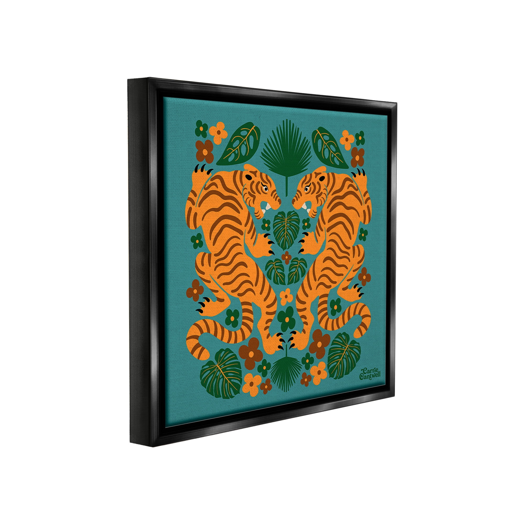 Stupell Industries Symmetrical Tigers & Nature Animals & Insects Painting Black Floater Framed Canvas Art Print Wall Art, 18 x 18