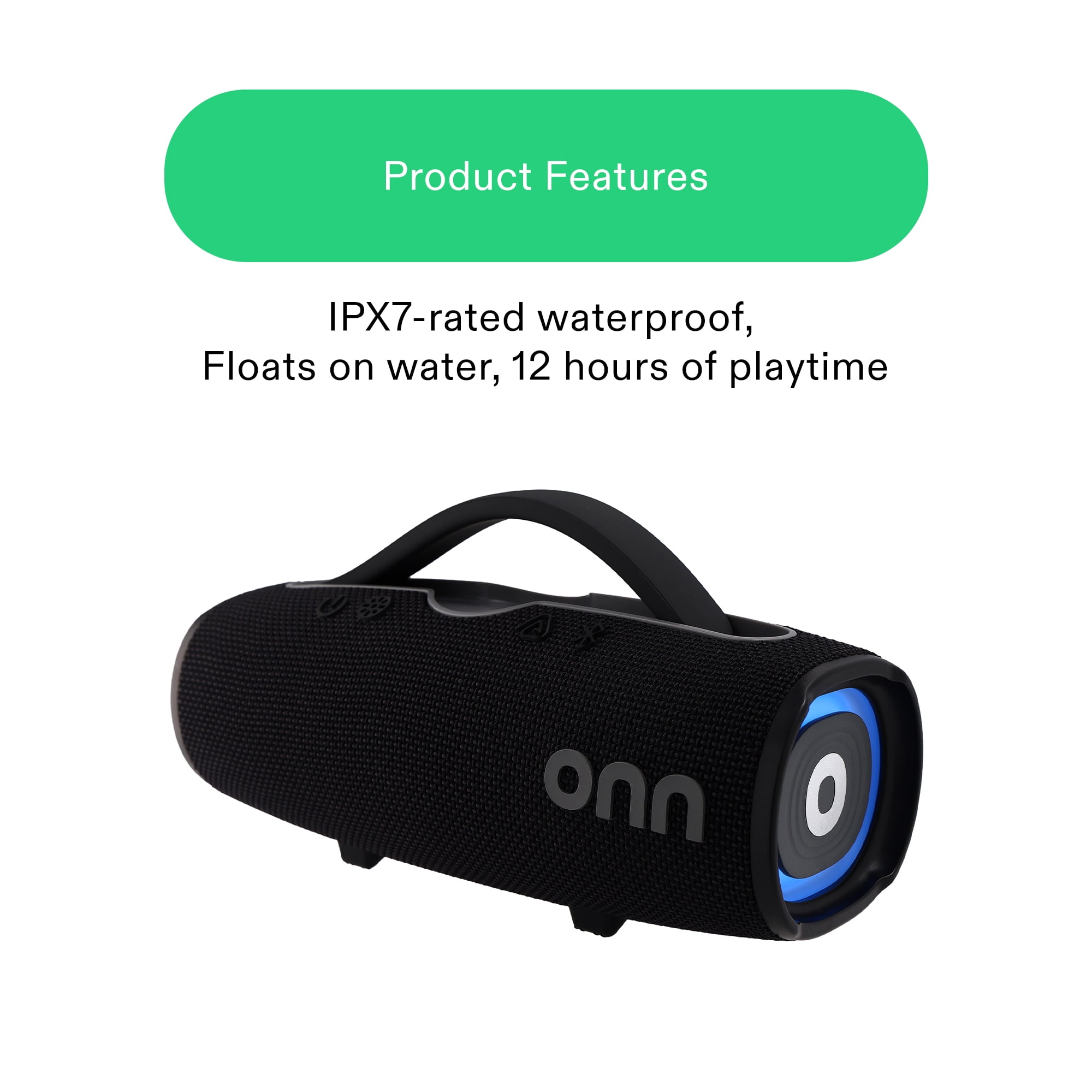 onn Large Rugged Bluetooth Speaker with LED Lighting, Black