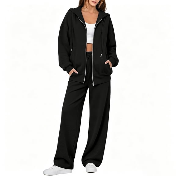 Women's Sweatsuit 2 Piece Outfit Long Sleeve Full Zip Hooded Jacket with Drawstring Wide Leg Pants Relaxed Fit Casual Lounge Wear Tracksuit Set for Fall Winter Daily Black L