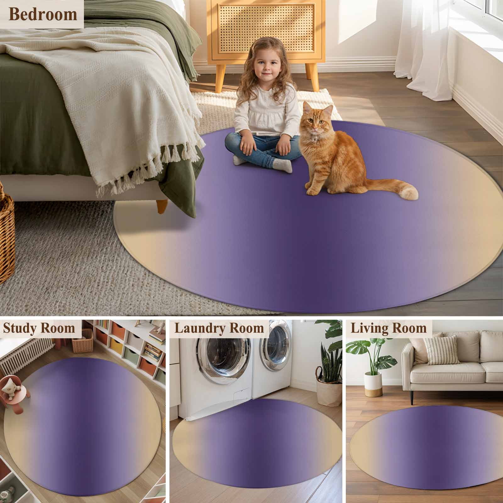 Purple Yellow Ombre Round Area Rug 6Ft Washable Circle Rugs for Bathroom Office, Farmhouse Modern Gradient Art Non-Slip Carpet Floor Mats Indoor Outdoor Carpet Runner Aesthetic Home Decor