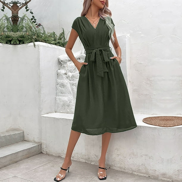 Puntoco Vestido Simple De Verano Con Cordones En La Cintura Y Manga Voladora, Vestido Largo De Manga Corta Con Cuello Redondo, Verde Militar M,Regalos Para Mujer Joven
