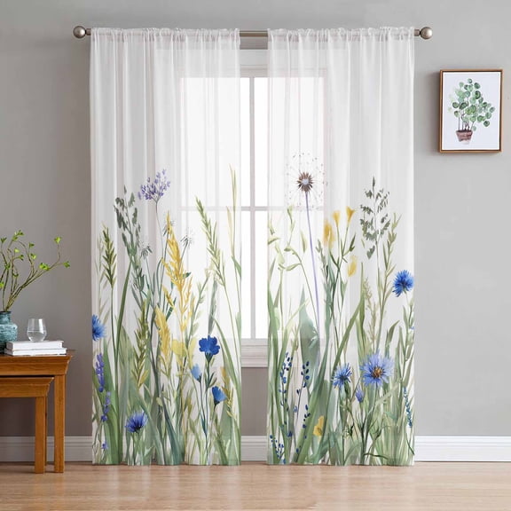 Botanical Flower Semi Sheer Curtains 72 Inch Length 2 Panels Set, Watercolor Colorful Floral Herbs Plants Sheer Kitchen Curtain Privacy Voile Window Curtain for Living Room Bedroom Rod Pocket Drapes