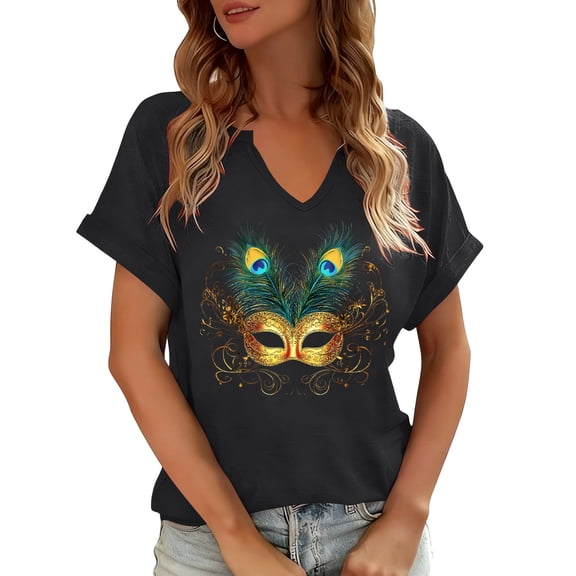 Uootdi Mardi Gras T Shirts for Women Carnival Graphic V Neck Short Sleeve New Orleans Mardi Gras Party Outfits Spring Going Out Tops Gift