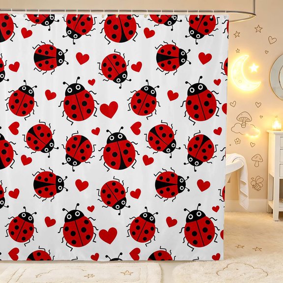 Erosebridal Playful Bug Ladybug Shower Curtain 72Wx72L,Cute Heart Bathroom Curtain,White Black