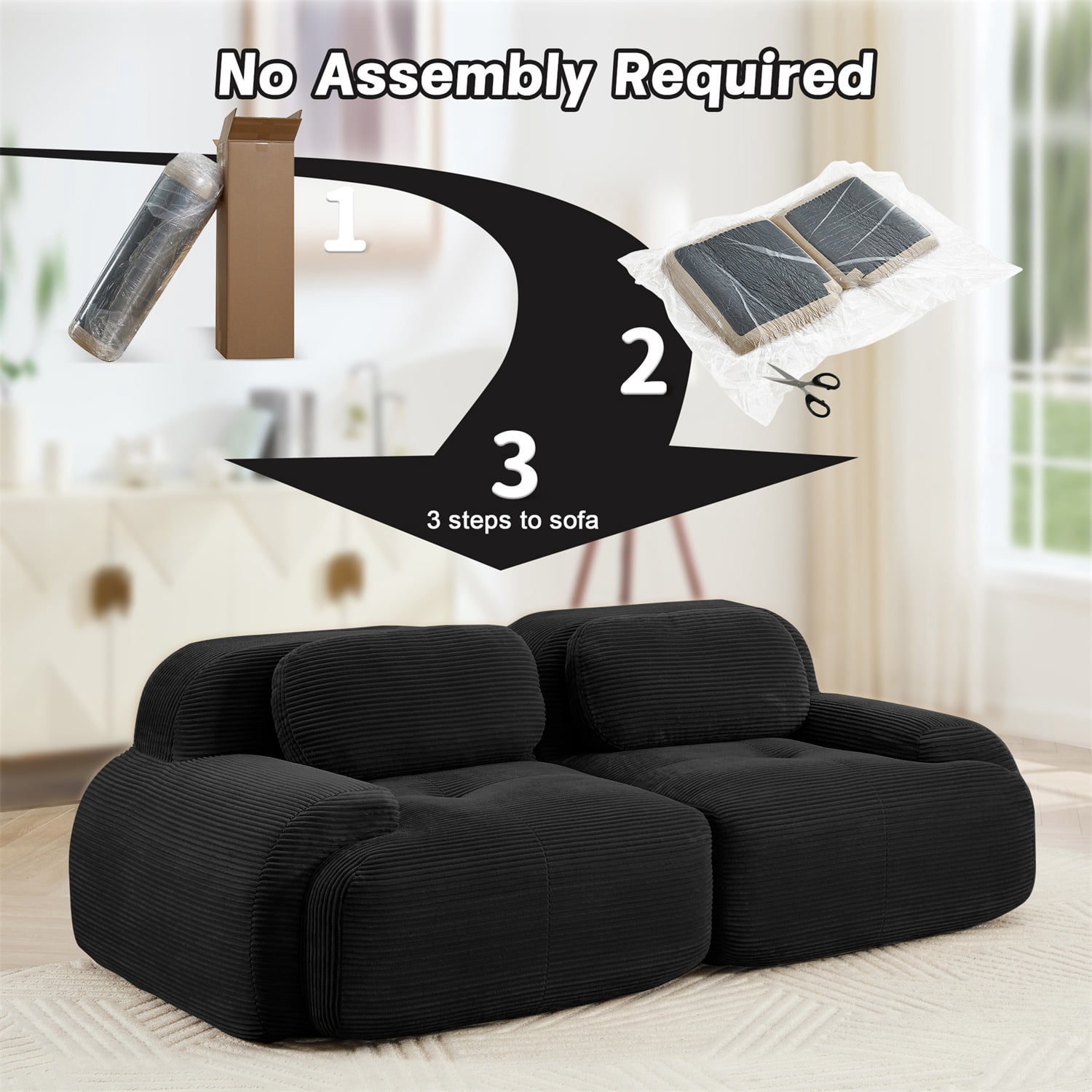 Hommoo 82" Luxury Corduroy Fabric Modular Loveseat Sofa, Multiple Combinations 2 Seater Sofa Couches with Curved Armrests, for Living Room Apartment, Black