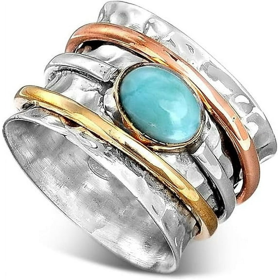 SS DESIGNS 925 Sterling Silver Spinner Larimar Ring for Women | Wide Band Fidget Ring with Copper & Brass Spinning Rings
