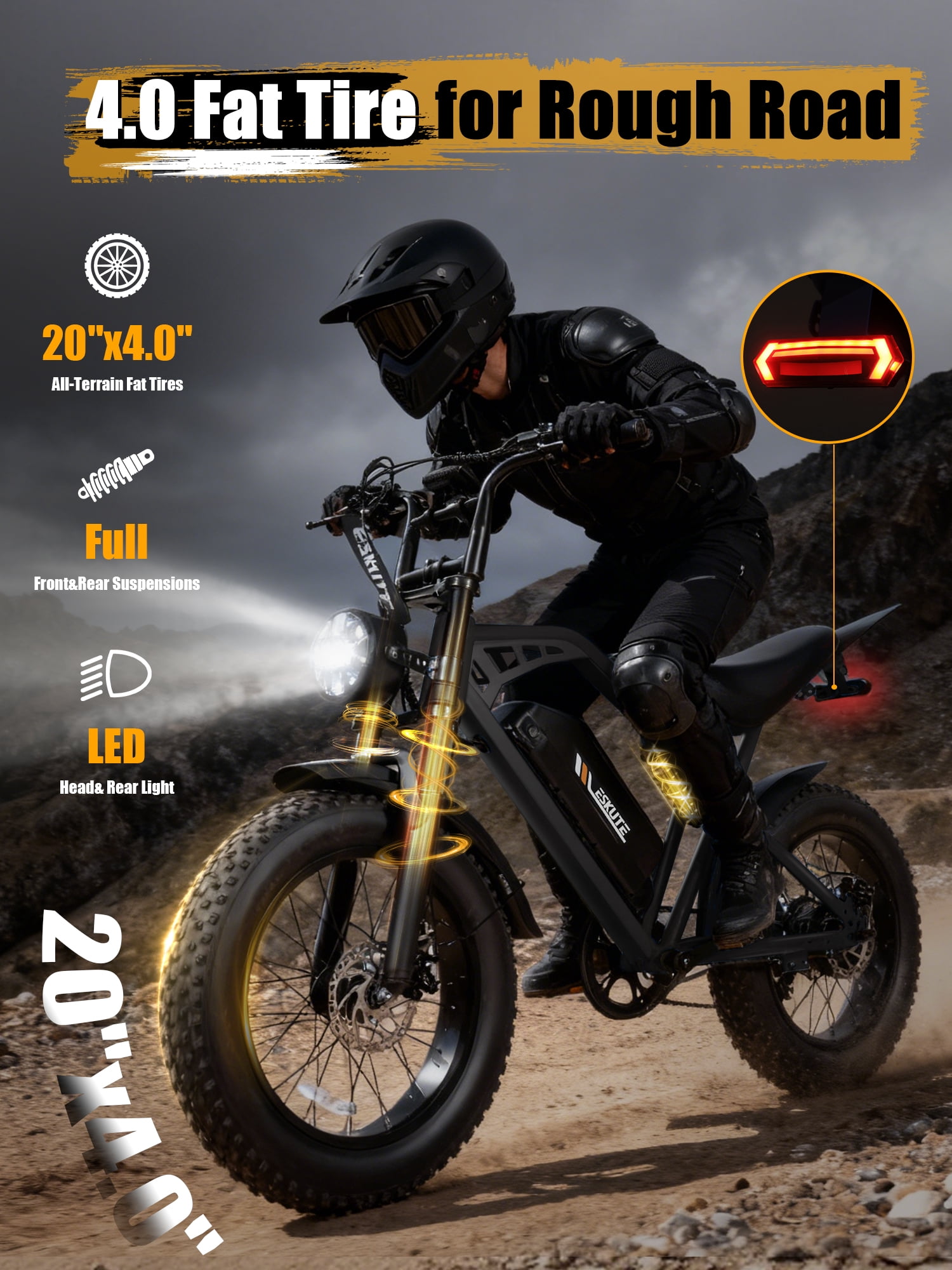 ESKUTE Electric Bike for Adults, 29MPH Dirt E-Bike, 48V 20.8Ah Battery, 20"x4.0" Fat Tires, 80-Mile Range, NFC Unlock, 7-Speed, Dual Suspension, Black with Phonebag & Lock