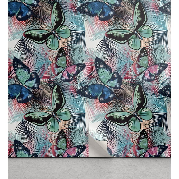 Ambesonne Tropical Peel & Stick Wallpaper for Home, Palm Leaf Butterfly Plot, 13"x36", Seafoam and Soft Pink