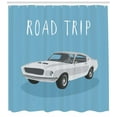 thumbnail image 3 of Road Trip Shower Curtain, Retro Style Typography on Classic Sport Car Coupe Drive Fast Lane, Fabric Bathroom Set with Hooks, 69W X 70L Inches, Pale Azure Blue and Pearl, by Ambesonne, 3 of 3
