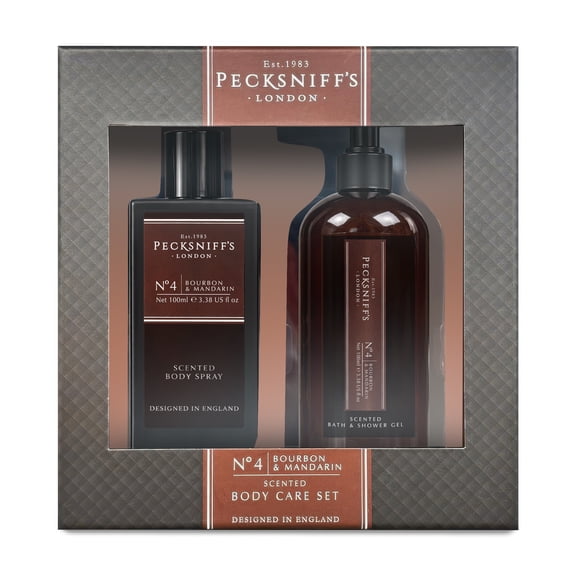 Pecksniff’s Men’s Body Duo Set – Bourbon & Mandarin Scented Bath & Shower Gel 250ml & Body Spray 100ml – Luxury Grooming Gift Set for Him