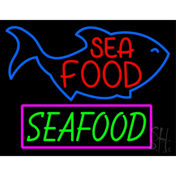 Sfa Food Seafood LED Neon Sign 24 x 31 - inches, Black Square Cut Acrylic Backing, with Dimmer - Bright and Premium built indoor LED Neon Sign for restaurant window and interior decor.