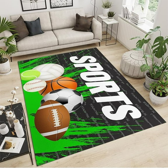 Green And Black Graffiti Area Rug, Football Baseball Basketball Sports Children's Room Carpet, Kids Rugs For Living Room Mat Bedroom Home Decor Floor Mats 4 x 6ft