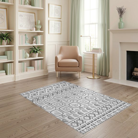 ODIKA 4'x6' Gray White Geometric Patterned Design Washable Area Rug Modern Abstract Motif with Hexagonal Accents for Dorm Room, Small Living Stain Resistant Low Profile, Easy Care