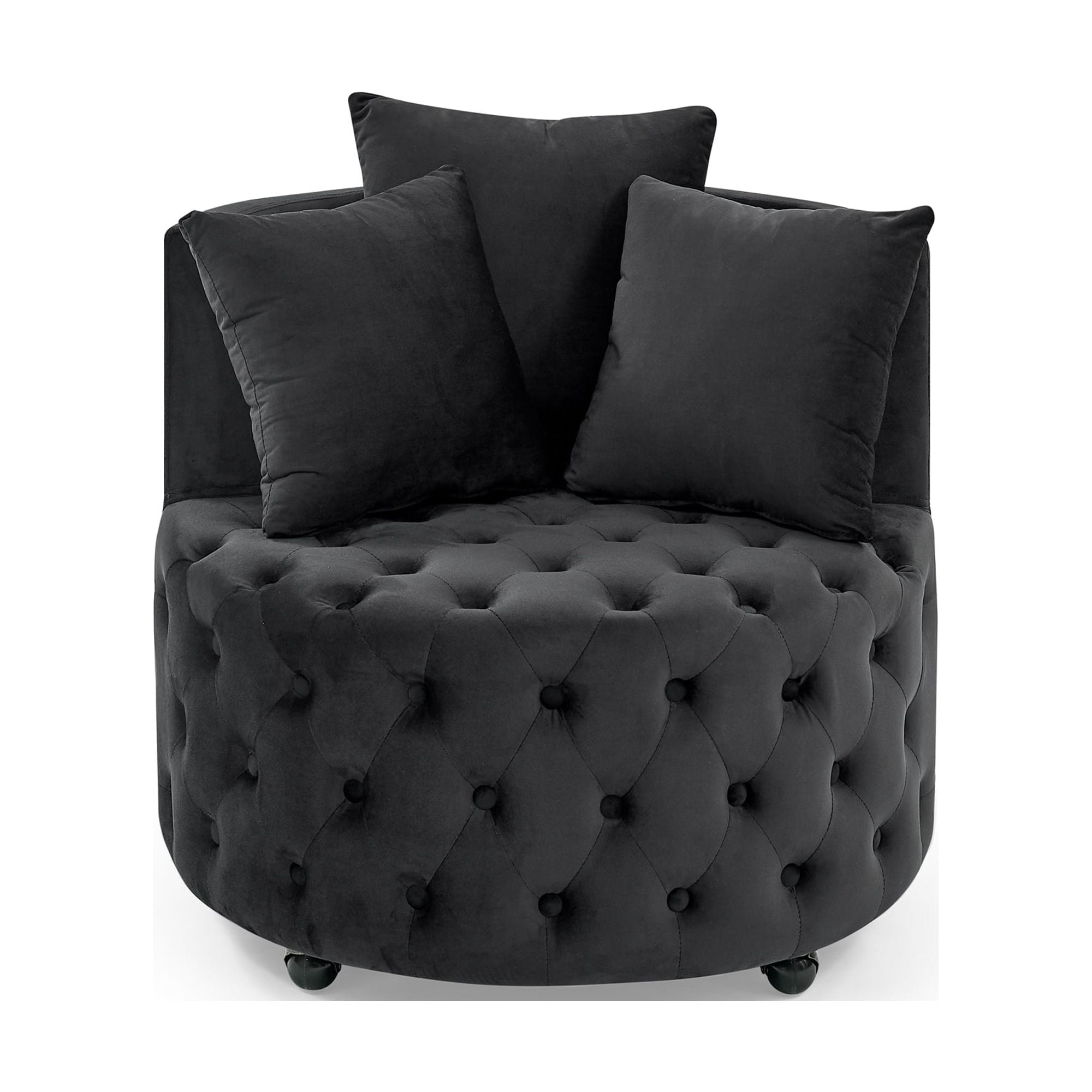Gewnee Swivel Chair, Black Velvet Modern Glam Accent Chair with Tufted Design & 3 Pillows Included, 250LBS Capacity for Home Office Living Room Bedroom
