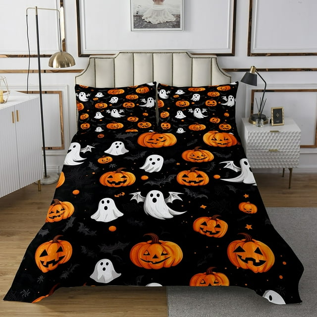 Erosebridal Ensembles de Courtepointes Fantômes d'Halloween pour Lit Taille Simple, Ensembles de Couvre-Lits de Dessin Animé Effrayant Taille Simple, Courtepointe Réversible Citrouille d'Horreur, Décoration de Chambre Légère, 2 Pcs