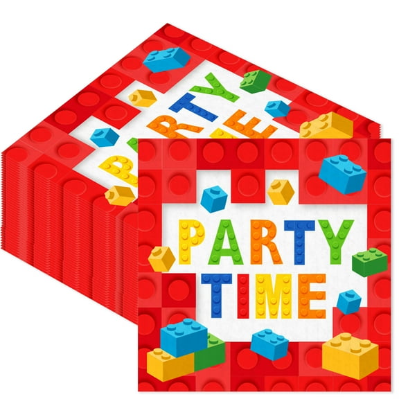Lego Block Party Napkins, 40-Pack | 33x33cm Disposable Decorative & Functional Napkins with 'PARTY TIME' Block Design for Themed Celebrations