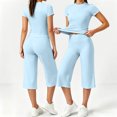 thumbnail image 5 of KPOPLK Womens 2 Piece Workout for Summer Fall Athletic Gym Pilates Yoga Slim Fit Short Sleeve Tee Shirt and Pant Outfit Set Sky Blue,Size S, 5 of 7