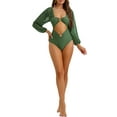 thumbnail image 2 of Bikini de una pieza con escote en V, mangas largas, malla y control de abdomen en color verde militar, talla pequeña, 2 of 5