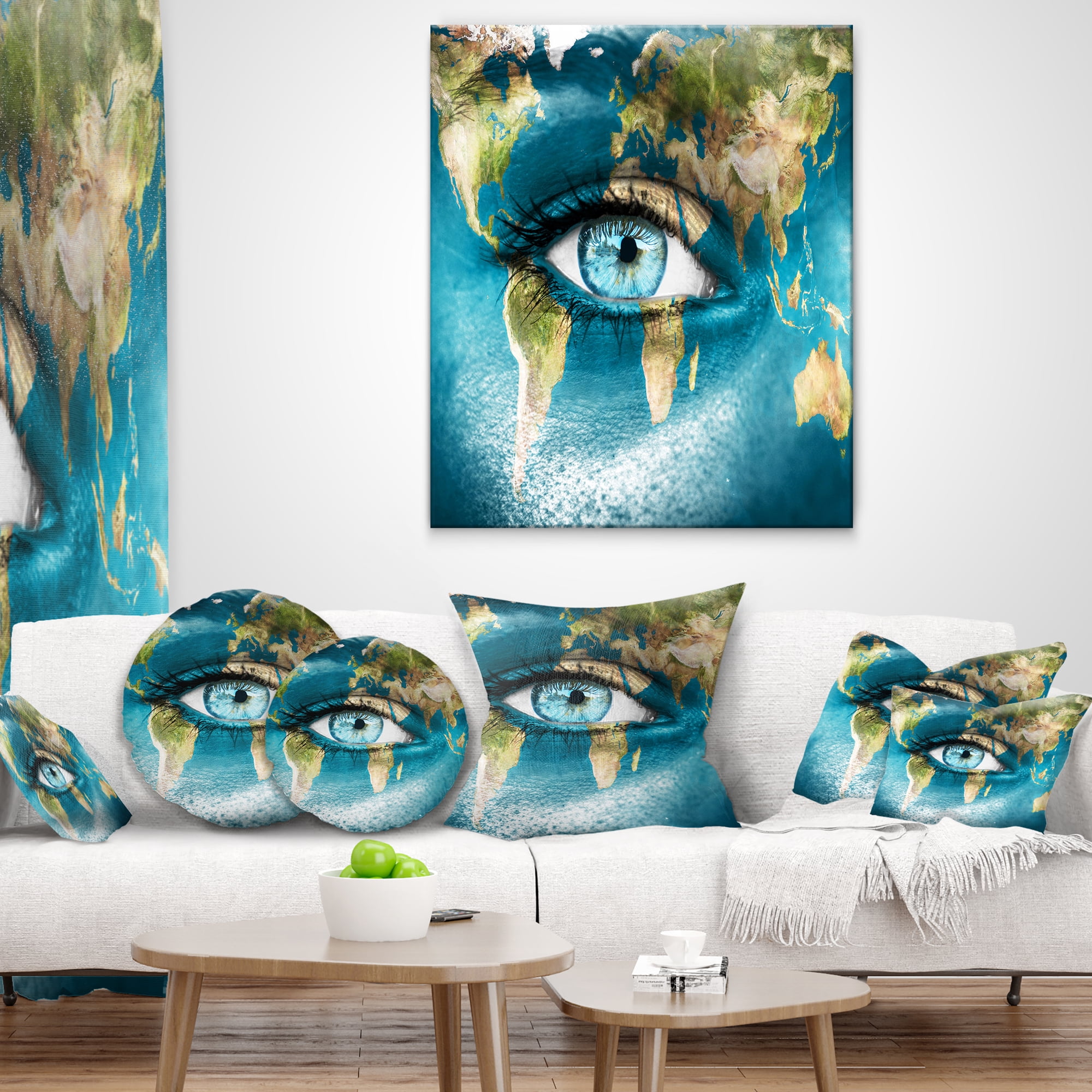 Designart Planet Earth and Blue Eye - Abstract Throw Pillow - 16x16