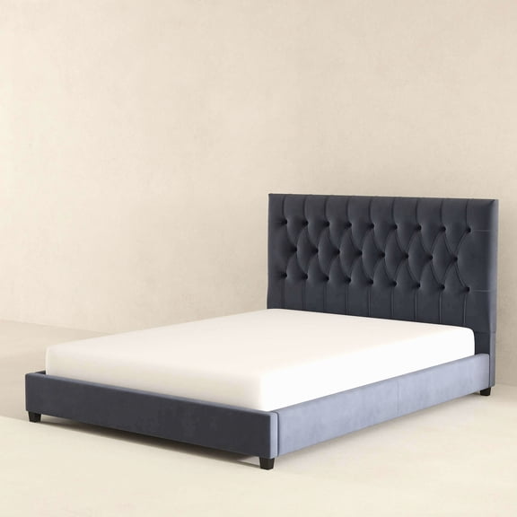 Queen Bed Frame - Mid Century Modern With Grey Velvet Upholstery And Veneer Size Platform Design Solid Wood