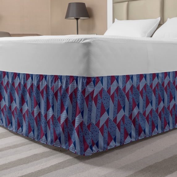 Abstract Bed Skirt, Rhythmic Stripes Triangles Dots Geometric Arrangement Pattern, Elastic Bedskirt Dust Ruffle Wrap Around for Bedding Decor, 4 Sizes, Night Blue Vermilion, by Ambesonne
