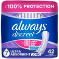 thumbnail image 1 of Always Discreet Adult Incontinence Pads for Women, Ultra Absorbency, Long Length, Postpartum Pads, 42 Count, 1 of 20