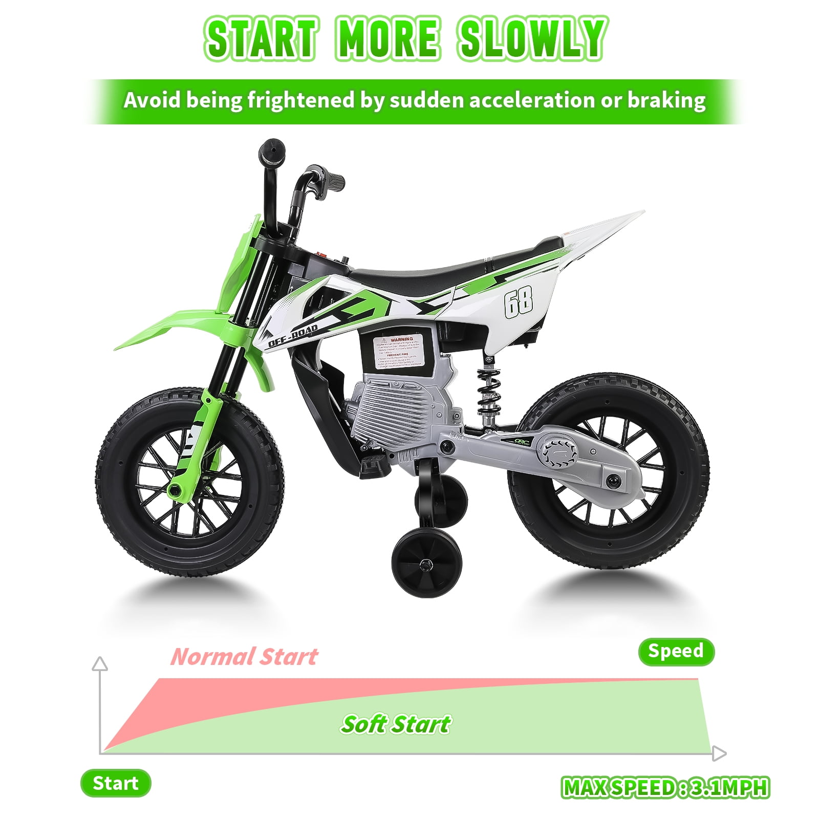 Farmdex 12V Electric Motorcycle for Kids, Electric Dirt Bike with 2 Training Wheels, Ride on Toy with Twist Grip Throttle, Built-in Music, 30W*2 Motors, Green