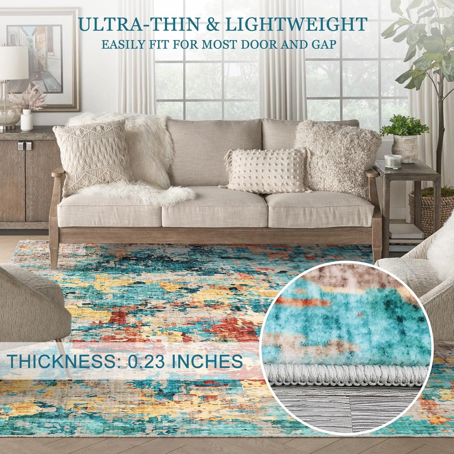 5x7 Blue Colorful Abstract Area Rug, Boho Washable Non-Slip, Non-Shedding Low Pile Throw Rug for Living Room, Bedroom, Dining Room (Blue Colorful).