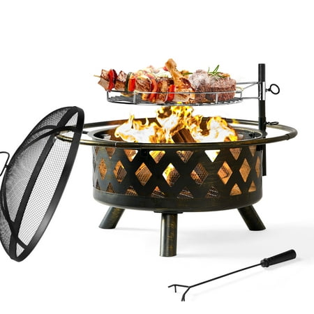 BaPiPro Fire Pit for Outside 30 inch Outdoor Wood Burning Firepit Large Steel Firepit Bowl with Removable Cooking Swivel BBQ Grill for Backyard Bonfire Patio