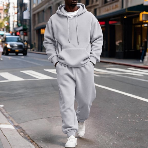 Domuza Mens 2 Piece Sweat Suit, Soft Stretch Hoodie and Jogger Pants, Comfortable Athletic Lounge Set Light Gray XL