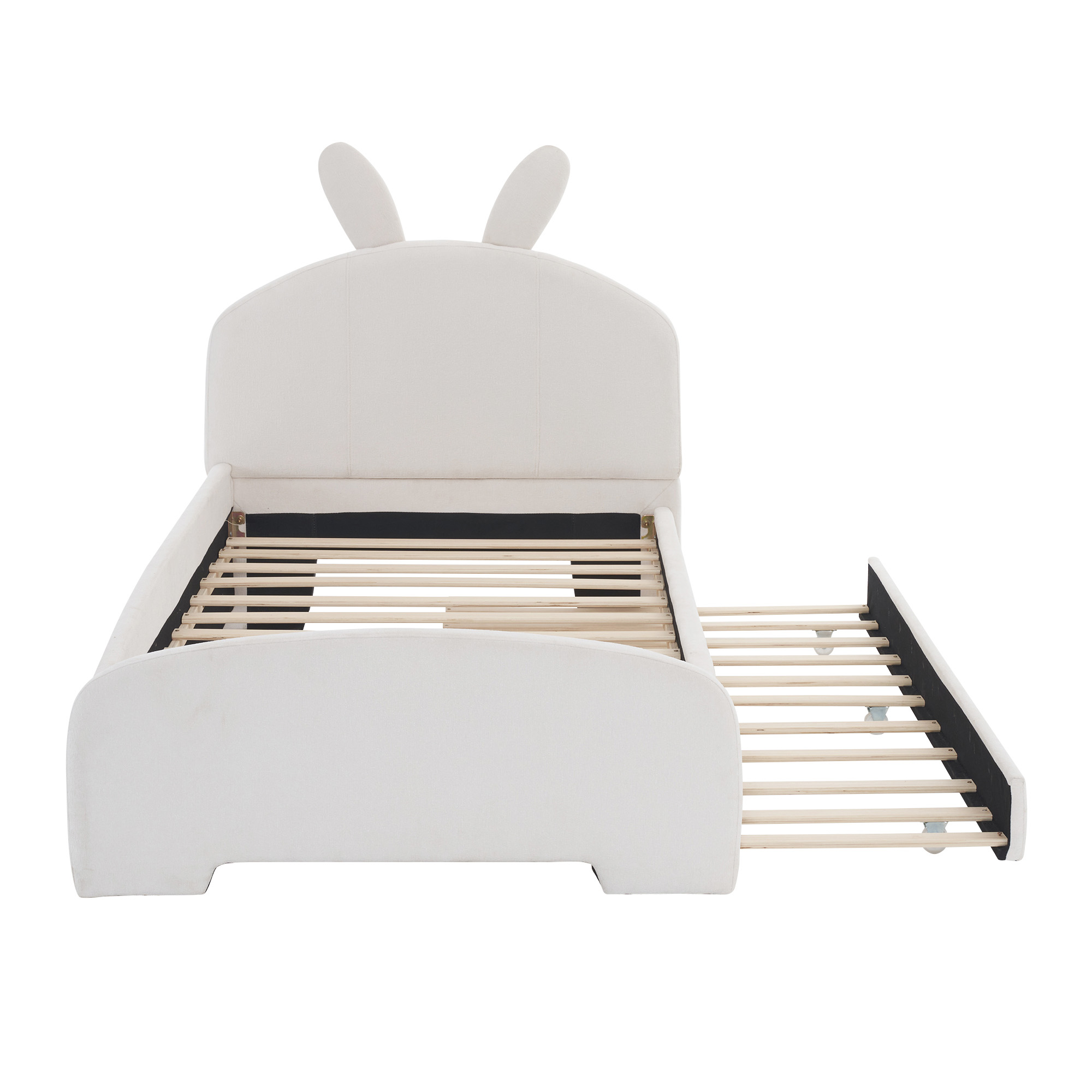 Aukfa Twin Size Upholstered Platform Bed with Trundle and Bunny Ears Headboard for Kids Girls, White
