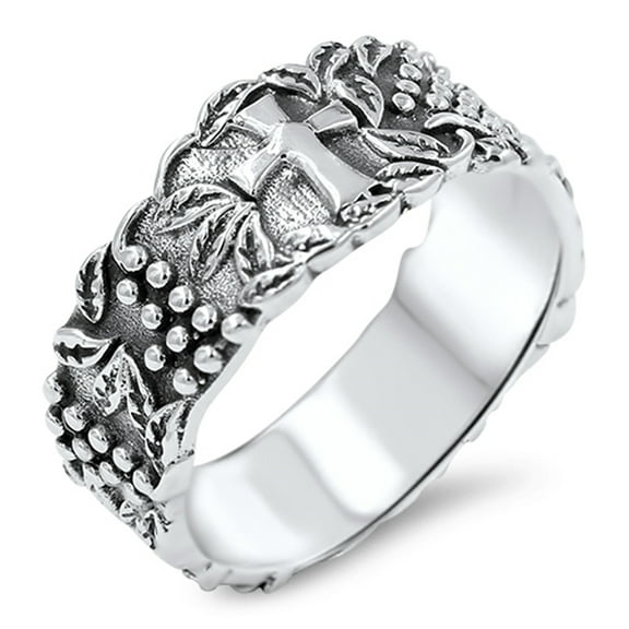 Wide Vineyard Cross Leaf Eternity Ring .925 Sterling Silver Band Jewelry Female Male Unisex Size 6
