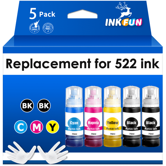 INKFUN Ink Bottles Replacement for Epson 522 Ink Refills for EcoTank ET-2720 ET-4700 ET-2800 ET-2803 ET-4800 Printer Color Combo Pack (5 Pack)