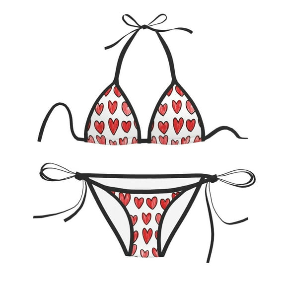 Women Two Piece Swimsuit Sexy Swimwear Halter String Triangle Bikini Sets - Red Hearts (2)