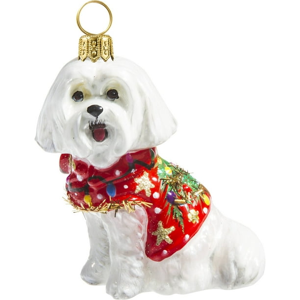 Maltese in Ugly Christmas Sweater Dog Polish Glass Tree Ornament Pet