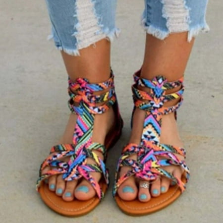 

LoyisViDion Women’S Sandals Clearance Bohemian Ethnic Print Resort Shoes Women Summer Clip-Toe Shoes Zipper Comfy Flats Casual Beach Sandals Flash Picks Purple 4.5