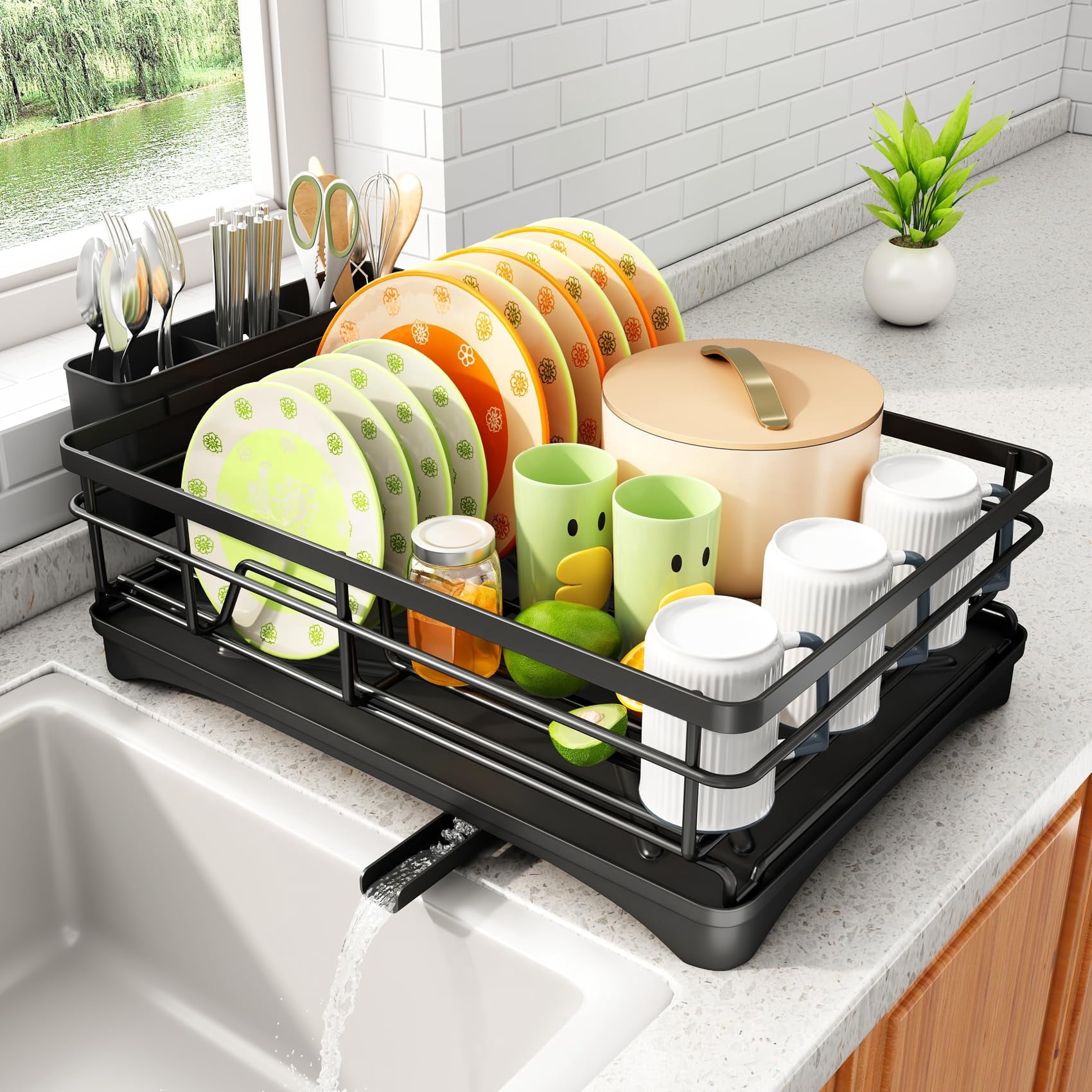 Gimgong Metal Dish Rack with Utensil Holder and Drainboard, Anti-Rust Kitchen Organizer, Black