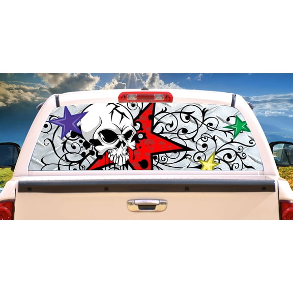 SKULL AND STARS Rear Window Graphic back truck decal view thru vinyl