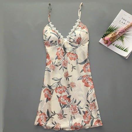 

Ykohkofe Women Satin Flower Printint Silk Lingerie Bow Lace Pajamas Sleepwear Nightdress