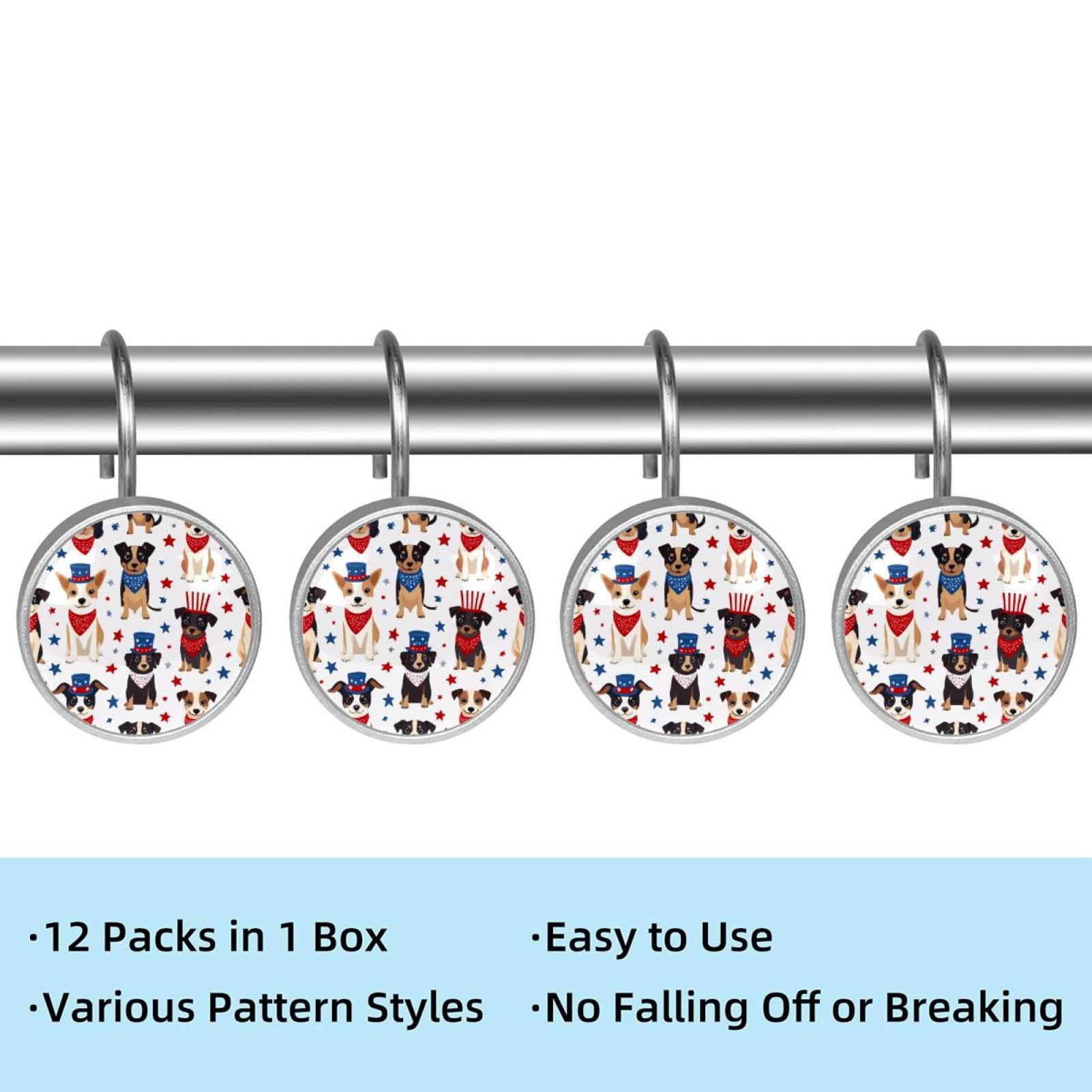 12pcs Decorative Shower Curtain Hooks, Rust Resistant Shower Rings for Bathroom Living Room,Rustproof Stainless Steel Rings for Shower Curtain and Liner Rods,4th of July Dogs