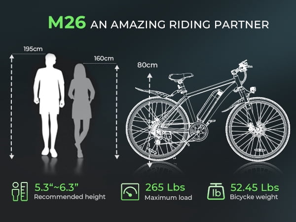 DYU 26" Electric Bike for Adults, 36V/10AH Removable Battery, Peak 750W Brushless Motor, 50 Miles Commuting Range, Front Fork Suspension, Shimano 7 Speed, UL2849
