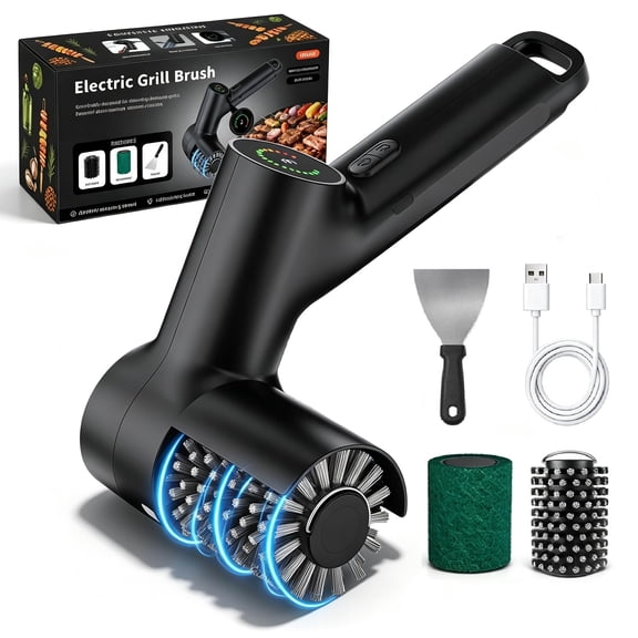 Cordless Electric BBQ Grill Cleaning Brush, Black, 3-Speed Adjustable with Replaceable Brush Heads, Type-C Rechargeable Grill Scraper Set