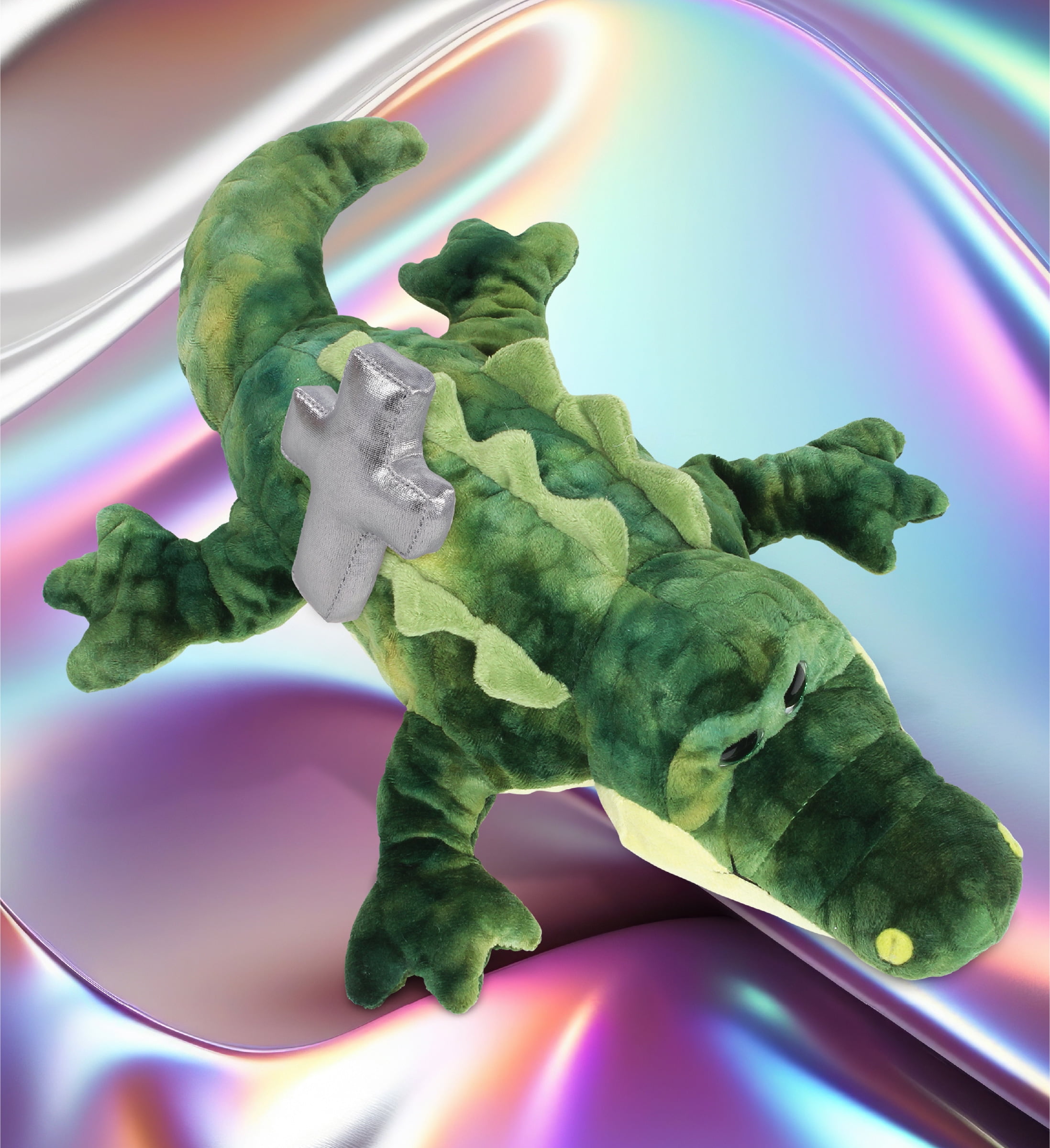 DolliBu Gator Stuffed Animal with Silver Cross Plush - Religious Baby Baptism Gifts for Boys and Girls Dedication Christening Gifts Plush Prayer Toy Healing Stuffed Animal- 18 Inches