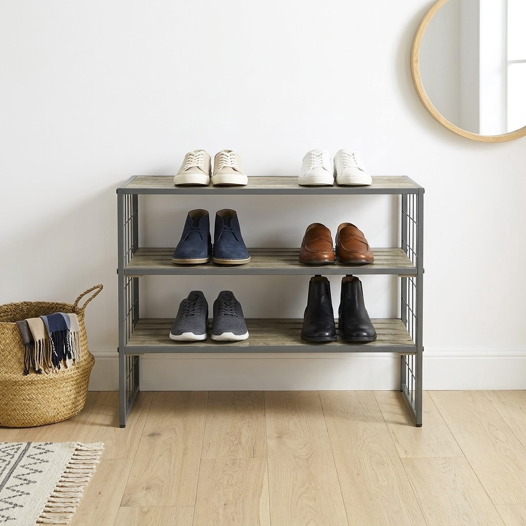 Better Homes & Gardens Farmhouse 3 Tier Shoe Rack, Gray, 30IN Wx 12 IN Dx 18IN H, Holds up to 12 Pairs