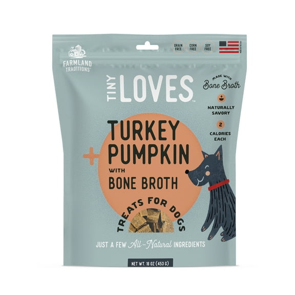Farmland Traditions Tiny Loves Jerky Trainer Treats for Dogs w/Bone Broth (Turkey & Pumpkin, 16 oz.)