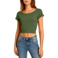 thumbnail image 5 of Open Back Crop Tops Women Short Sleeve Crew Neck T-Shirts Summer Casual Tee Going Out Blouses Plain Tshirts (M, Army Green), 5 of 8