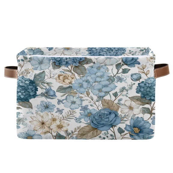 1-Pack Square Closet Organizers with Handles Open Basket Bins Blue Floral Seamless Pattern Storage Basket for Home Office